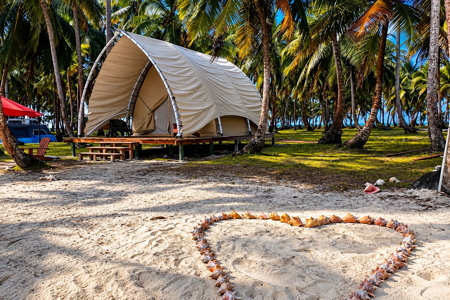 A tented accommodation with a sandy beach, palm trees, and a heart-shaped shell arrangement.