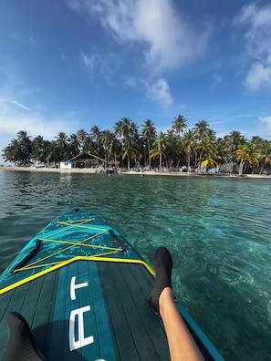 A kayak on clear water with a view of a beach and palm trees.