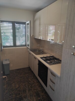 A compact kitchen with a gas stove, sink, and cabinets.