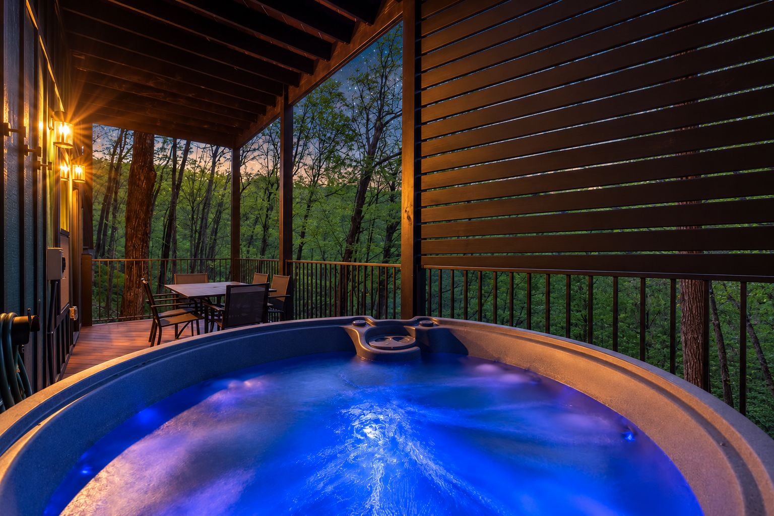 A hot tub on a wooden deck with a table and chairs, surrounded by trees.