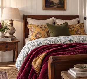 Quarto com cama de madeira, roupa de cama floral, manta de veludo vermelho, mesa de cabeceira com abajur e pintura emoldurada de paisagem na parede.