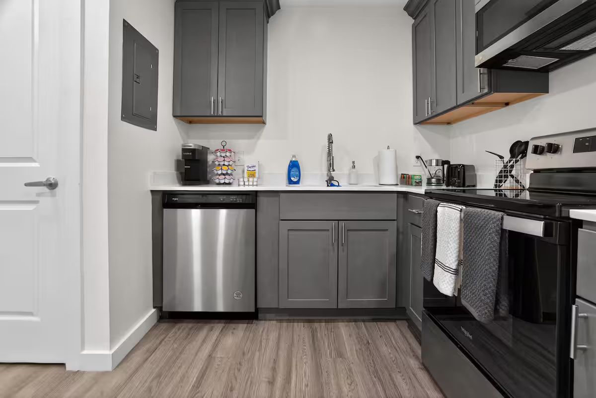 Una cocina moderna con gabinetes grises, lavavajillas de acero inoxidable y horno negro.