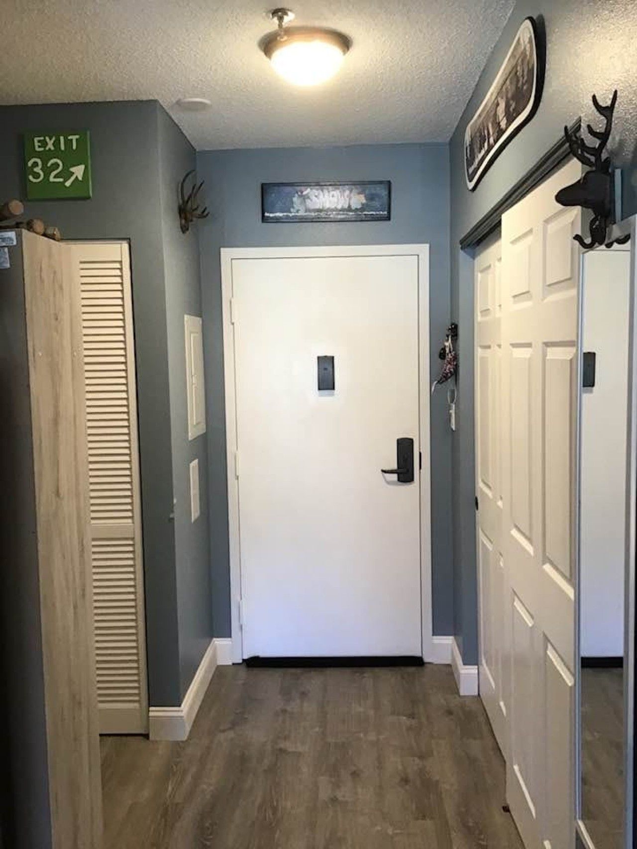 A hallway with a white door, an exit sign, a framed picture, and a mounted deer head.