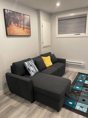 A modern living room with a sectional sofa, a framed landscape painting, a white door, and a window with blinds. - Brighton basement suite with 1 bedroom + sleeper sofa, peaceful and private. (Saskatoon)