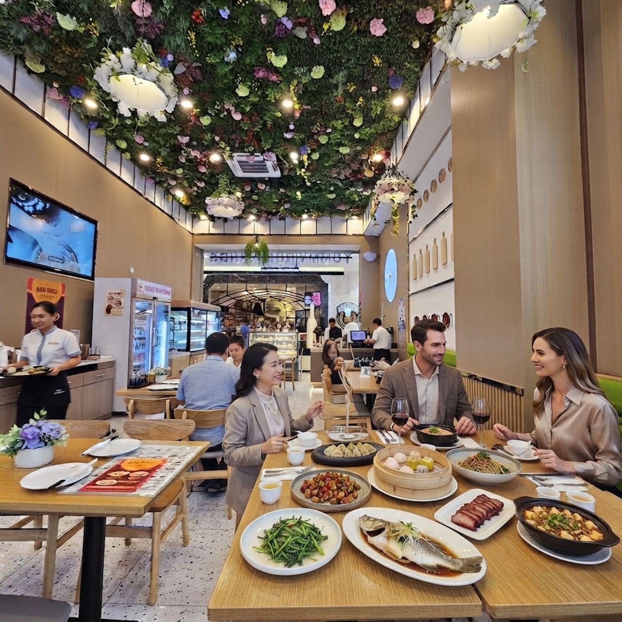 Un restaurante con varias mesas, una variedad de platos, y un techo decorado con flores y luces.