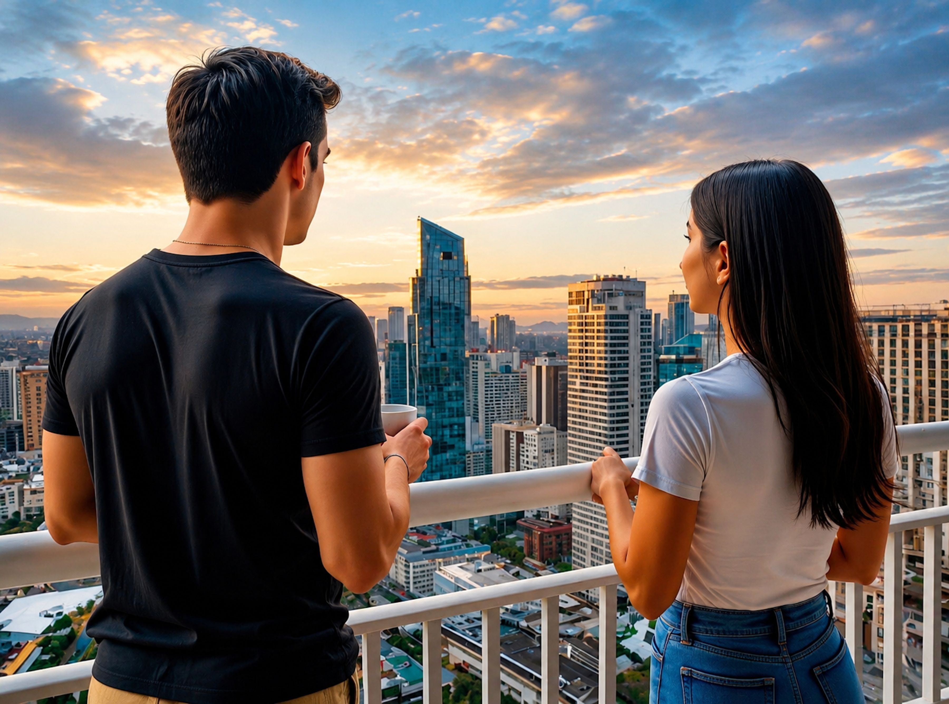 Deux personnes contemplent une vue panoramique sur une ville, avec ses bâtiments modernes et un ciel dégagé.
