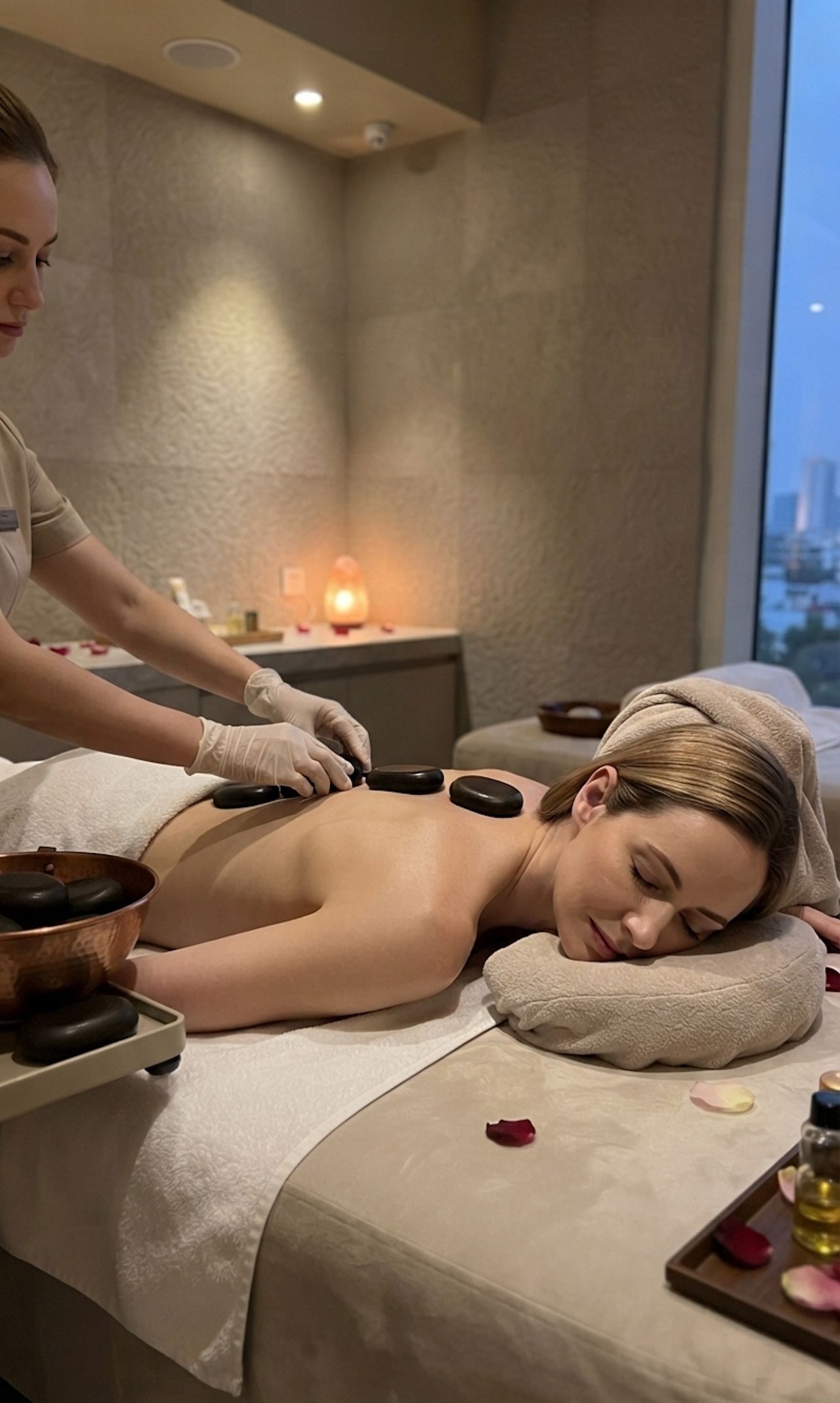 Sesión de masoterapia en un spa, con un cliente recostado en una camilla de tratamiento, un terapeuta aplicando presión con un instrumento y una vela al fondo.