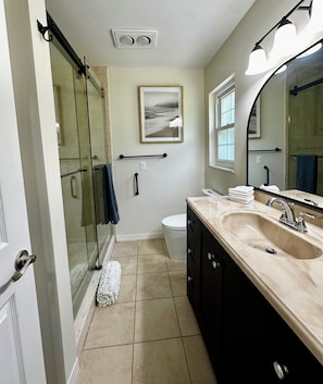 A bathroom with a glass shower enclosure, a toilet, a sink with a mirror, and a framed picture on the wall.