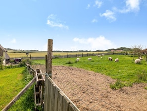 A rural landscape with a fenced area containing sheep and a wooden structure, possibly a barn or shed, in the foreground. - 4 Person Holiday Home in Snedsted (Snedsted)