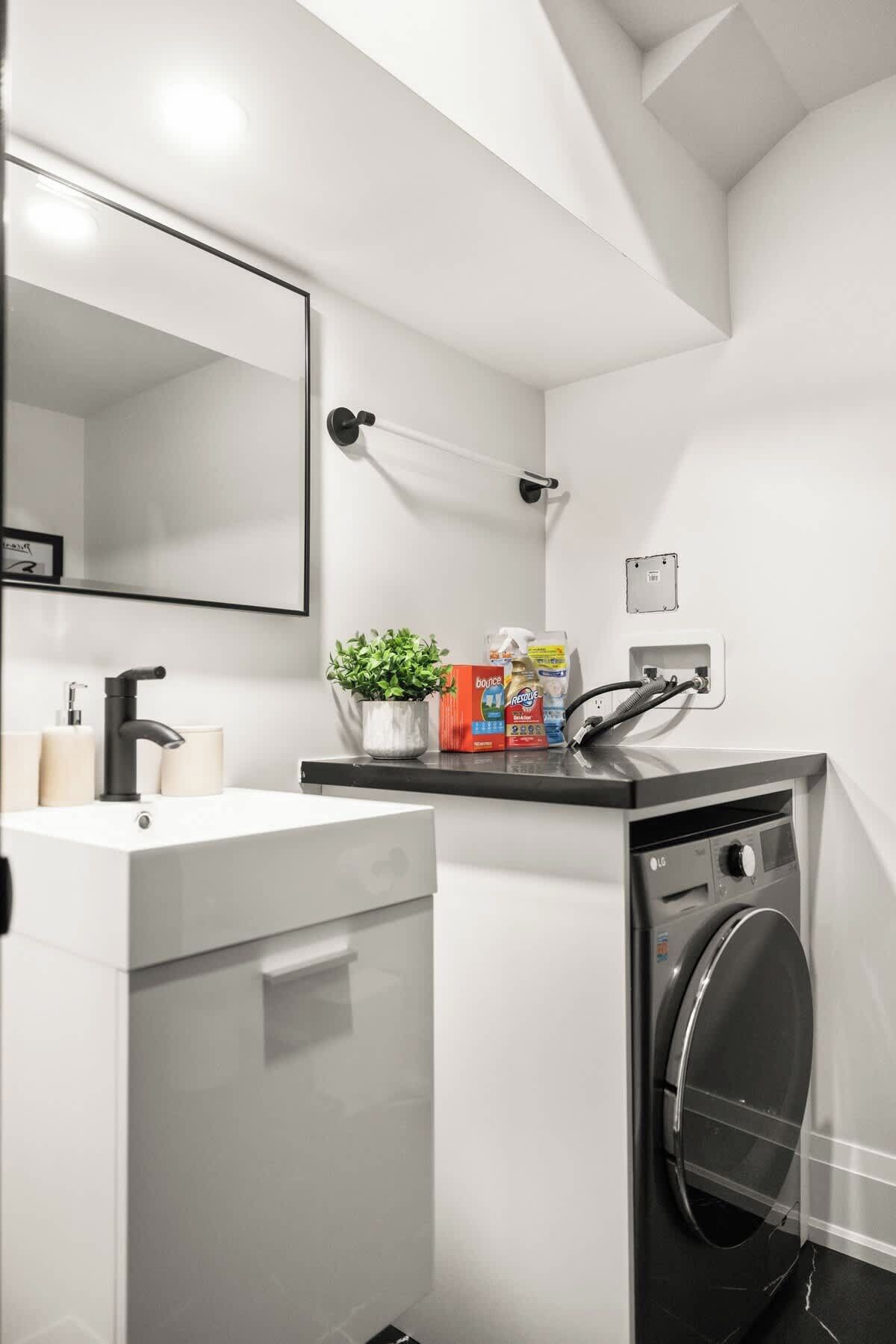 Shower, hair dryer, shampoo