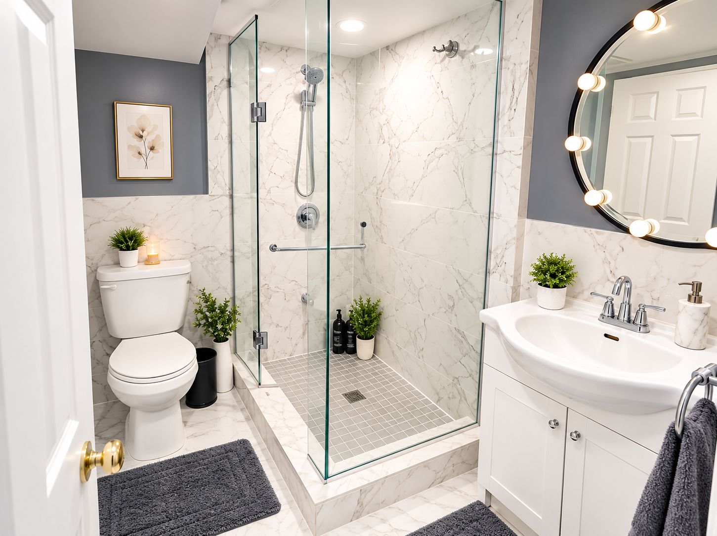 A modern bathroom with a glass-enclosed shower, a toilet, a sink with a mirror, and a potted plant.