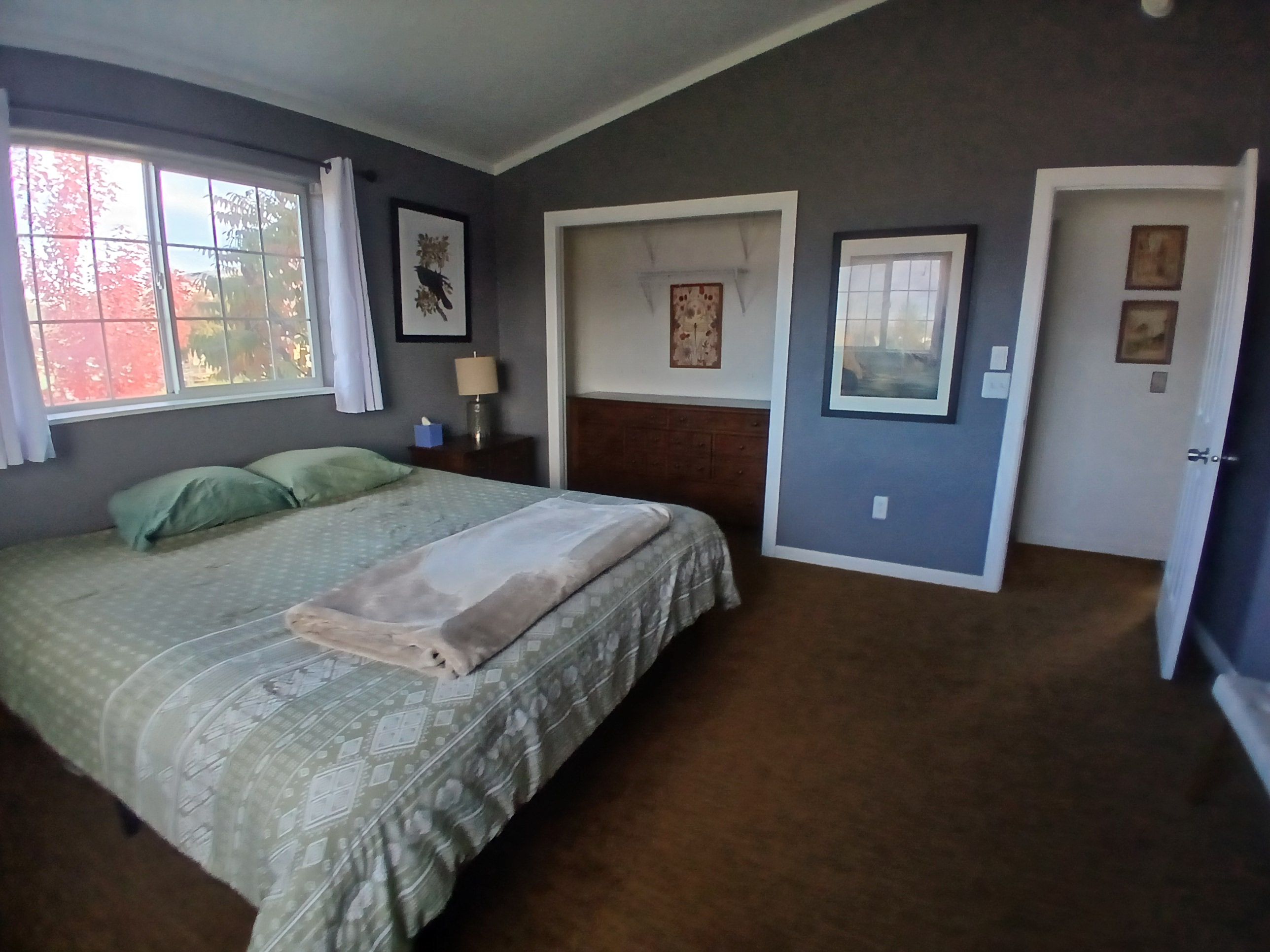 A bedroom with a bed, a nightstand, a window, and a door.