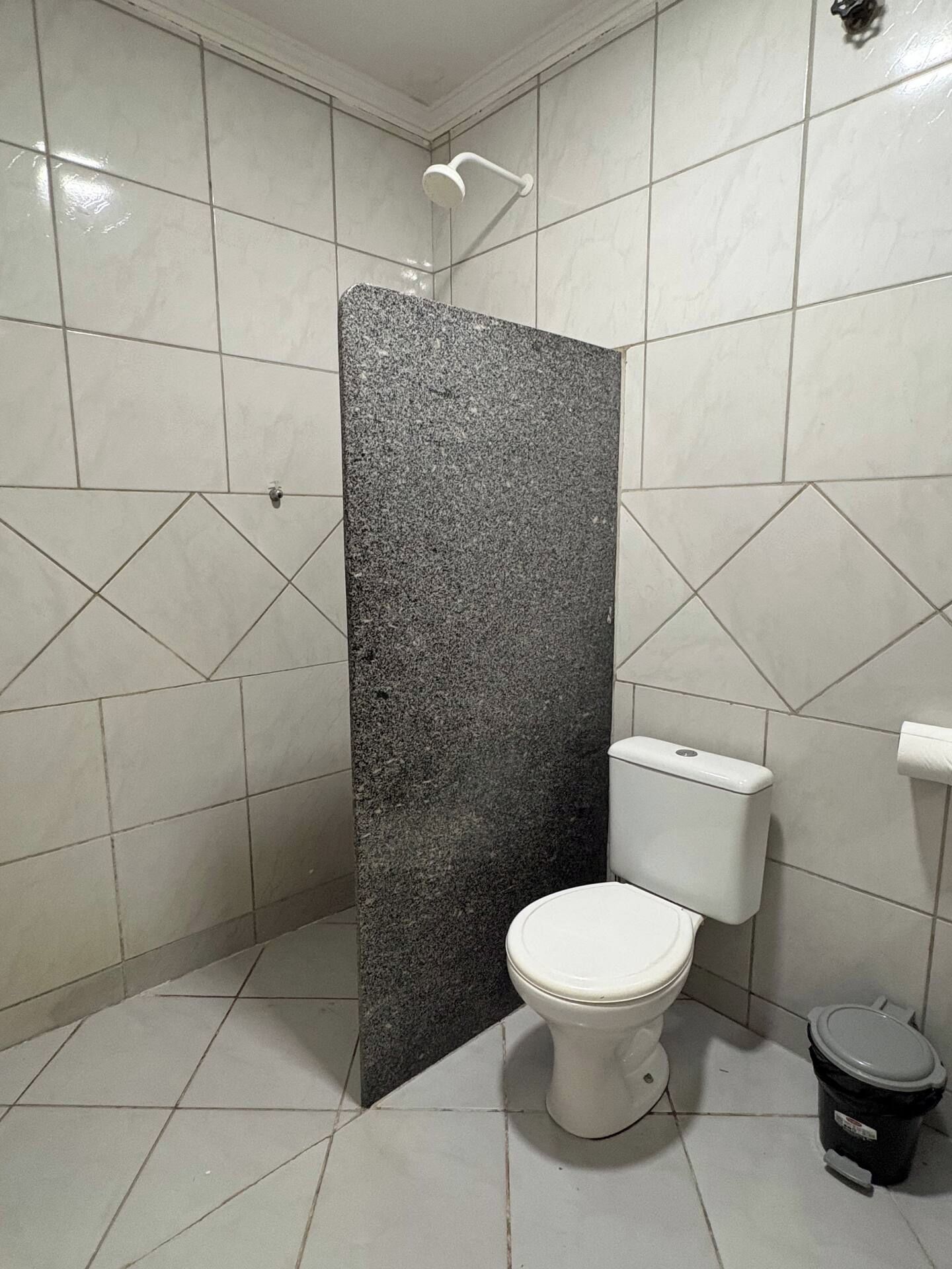 Ein Badezimmer mit Toilette, Dusche und einem schwarzen Mülleimer.