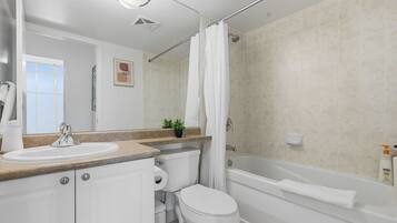 Shower, hair dryer, shampoo