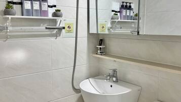 Shower, hair dryer, towels, soap