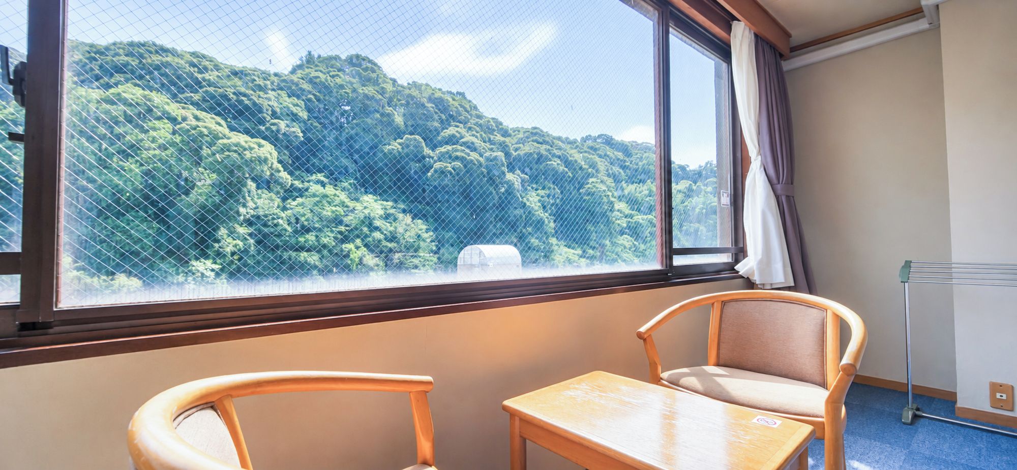 Ein Zimmer mit Blick auf einen Wald durch ein Fenster, ein kleiner Tisch, zwei Stühle und eine Heizung.