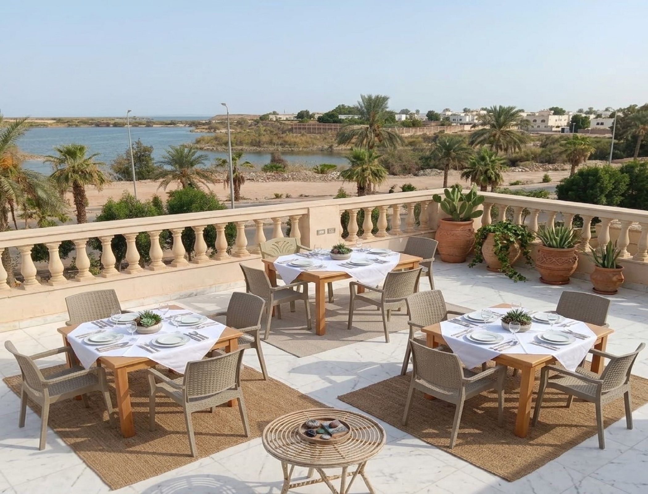 An outdoor dining area with tables and chairs, overlooking a beach and water.