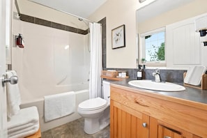 Une salle de bain moderne équipée d’une douche, de toilettes et d’un meuble-lavabo avec un évier.