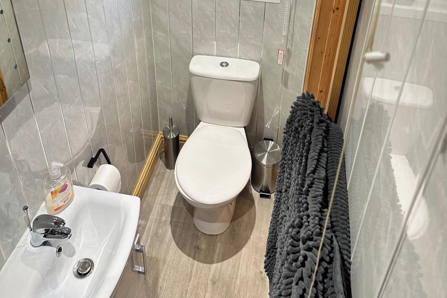 A bathroom with a toilet, a sink, and a shower area.
