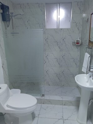A bathroom with a toilet, sink, and shower area.