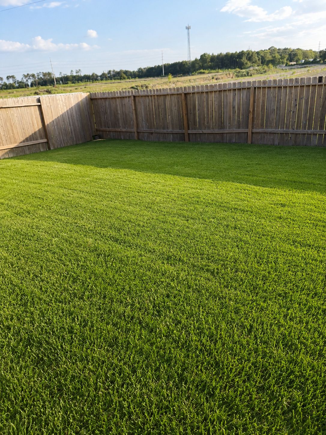 A fenced yard with a well-maintained lawn.