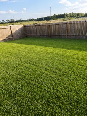 A fenced yard with a well-maintained lawn.