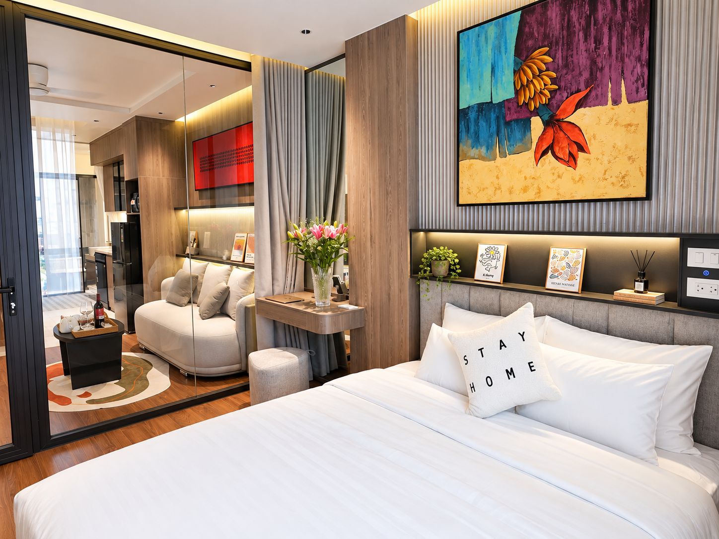 Une chambre d’hôtel moderne équipée d’un lit, d’un canapé, d’une petite table et d’un mur décoré d’œuvres d’art.