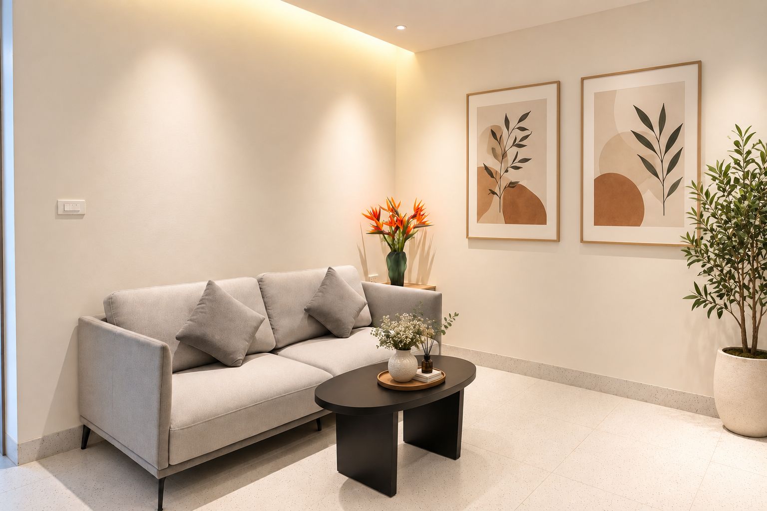 Un salon moderne avec un canapé, une table basse et deux œuvres d’art encadrées accrochées au mur.