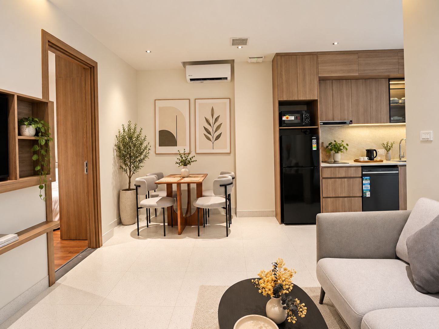 A modern living room with a sofa, a dining area with a table and chairs, and a kitchen with appliances.