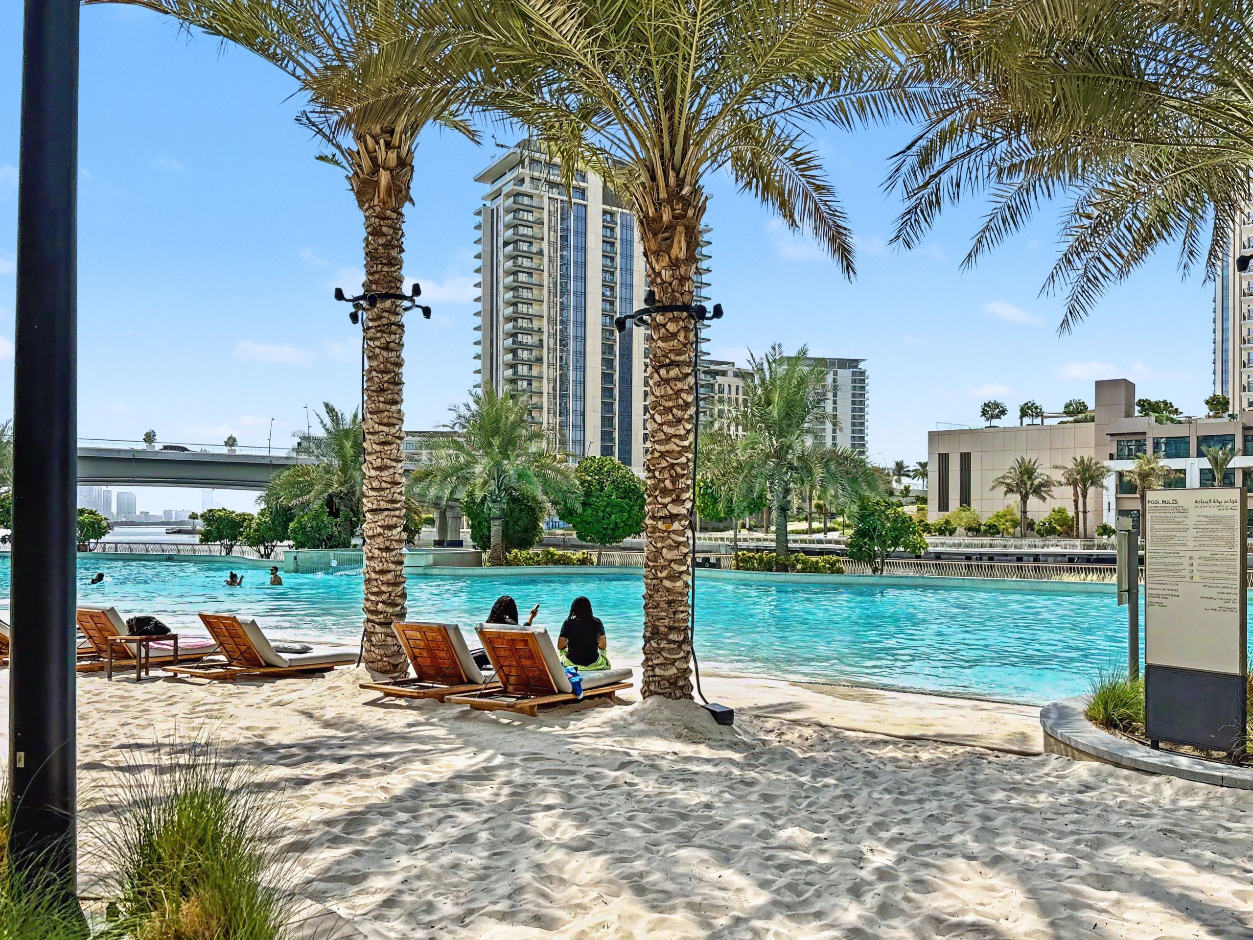 A poolside area with lounge chairs, palm trees, and a view of high-rise buildings.