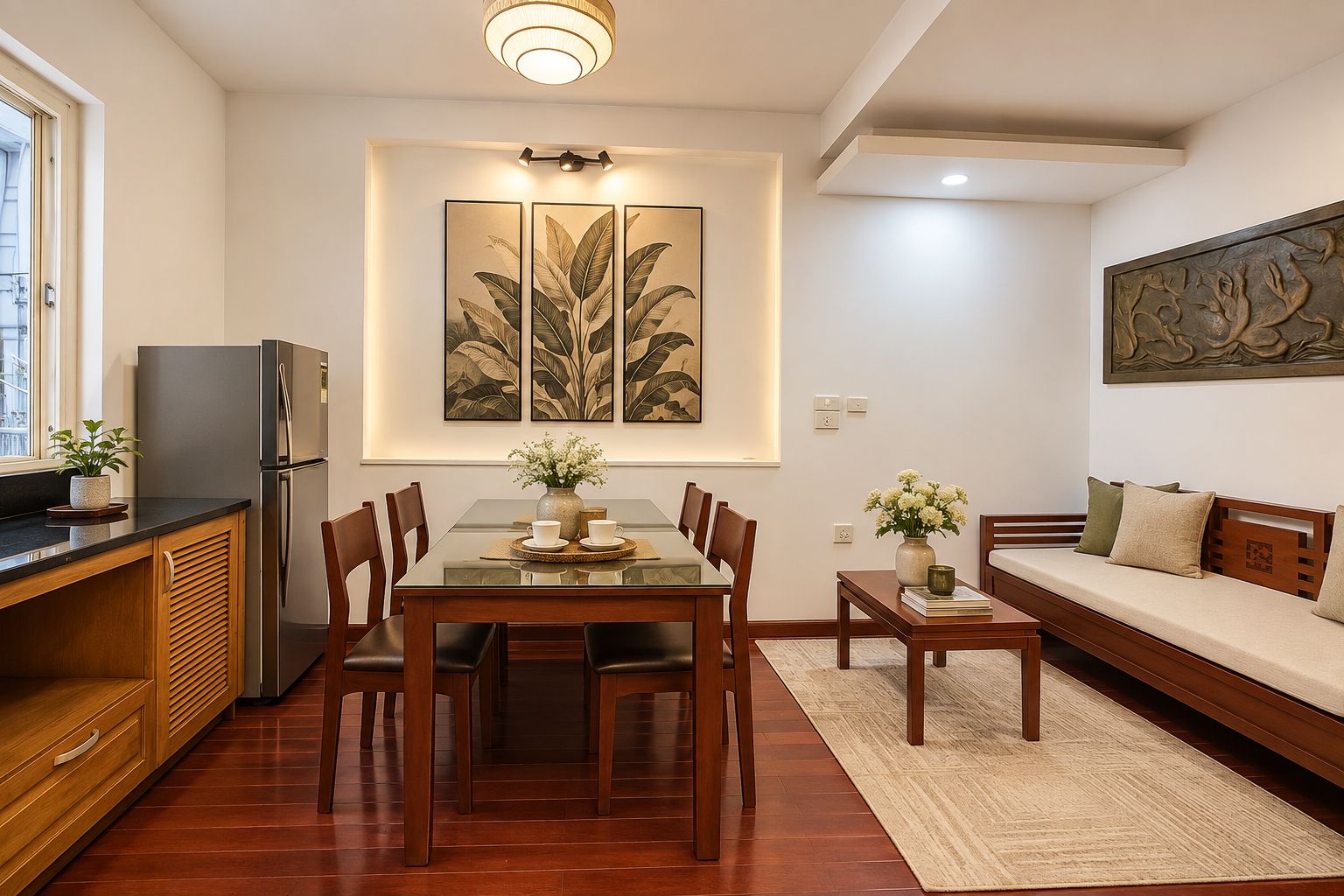 A modern kitchen with a dining area, a refrigerator, a wooden cabinet, and a sofa.