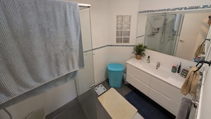 A bathroom with a shower, a sink, a mirror, a towel rack, and a trash bin. - 2 bed 1 bath house in the heart of Bayswater! (Bayswater)