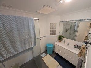 Casa de banho com chuveiro, pia, espelho, porta-toalhas e um cesto de lixo.