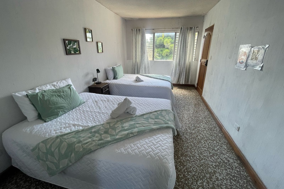 Habitación de hotel con dos camas, una ventana con cortinas, una mesita con lámpara y una puerta.