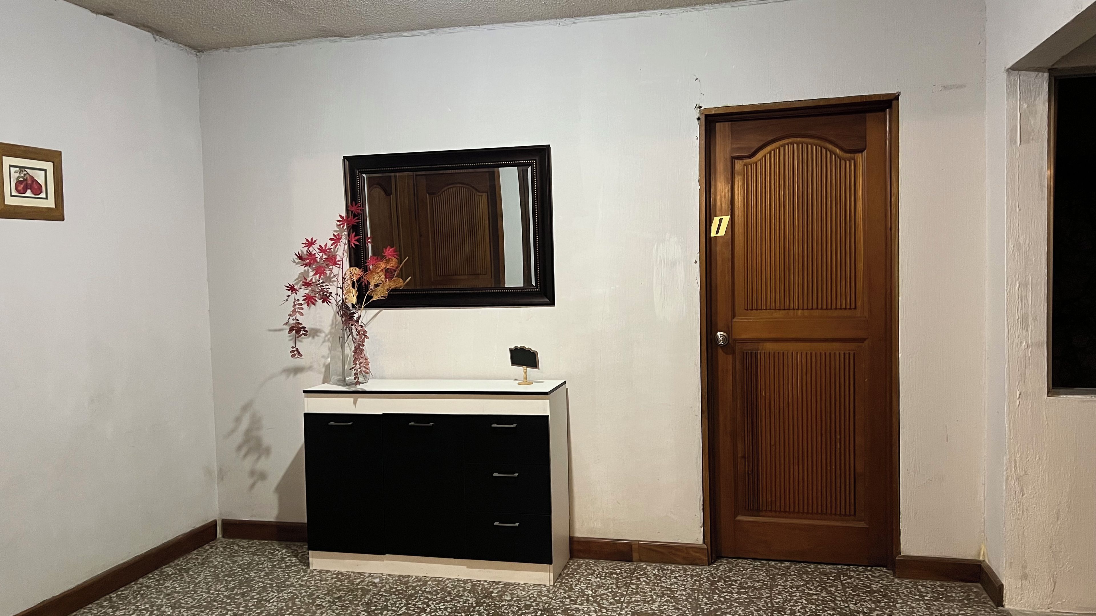 A room with a white dresser, a mirror above it, a wooden door, and a small framed picture on the wall.