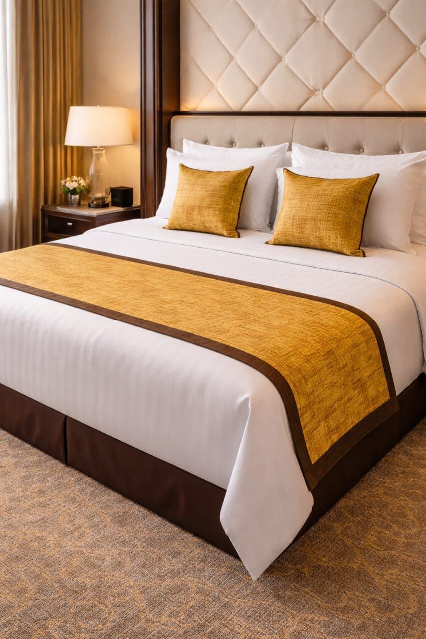 A hotel room with a large bed, a headboard, a bedside table with a lamp, and a carpeted floor.
