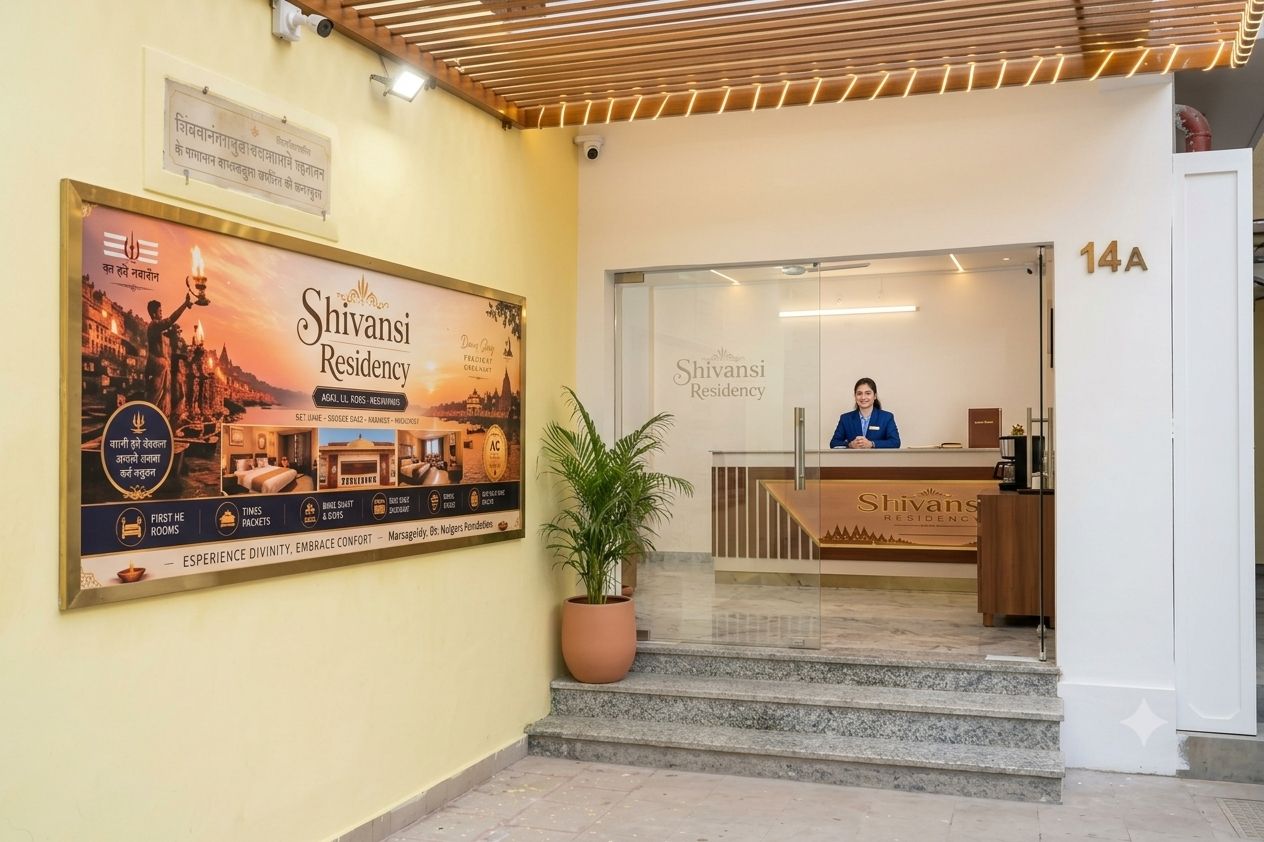 Un espace d’accueil avec un comptoir de réception, une grande affiche faisant la publicité de Shivansi Residency et une plante en pot.