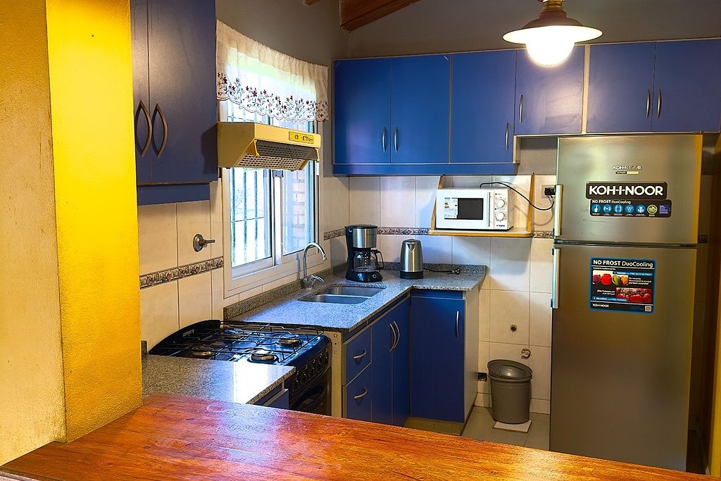 Une cuisine de taille réduite équipée d’une cuisinière à gaz, d’un four à micro-ondes et d’un réfrigérateur.