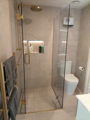 A modern bathroom with a glass-enclosed shower, a toilet, and a shelf with toiletries. - Cromwell Central Charm. Perfect location to explore the stunning Central Otago. (Cromwell)