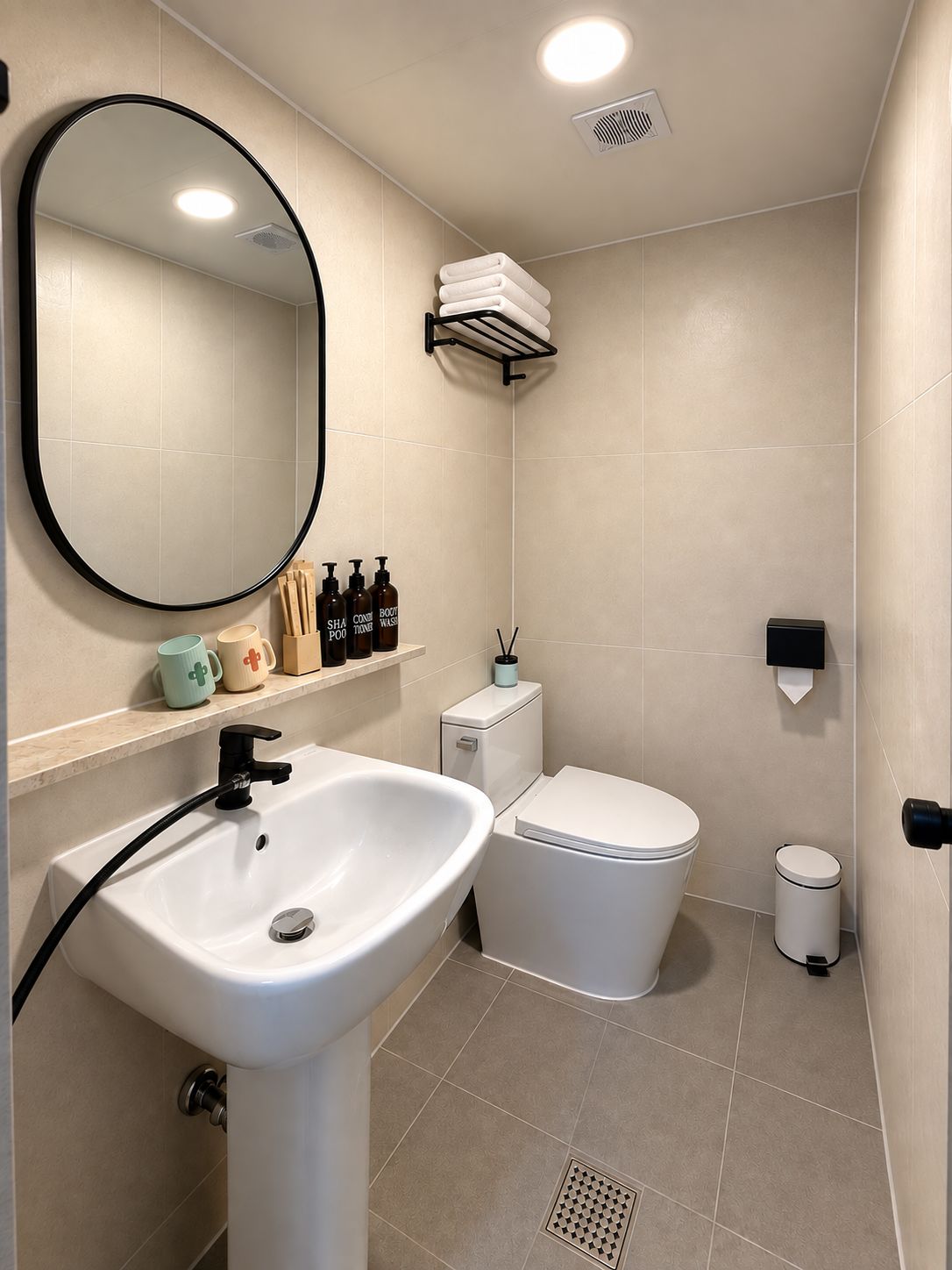 A modern bathroom with a white sink, toilet, and a mirror. There are toiletries on a shelf, a towel rack, and a waste bin.