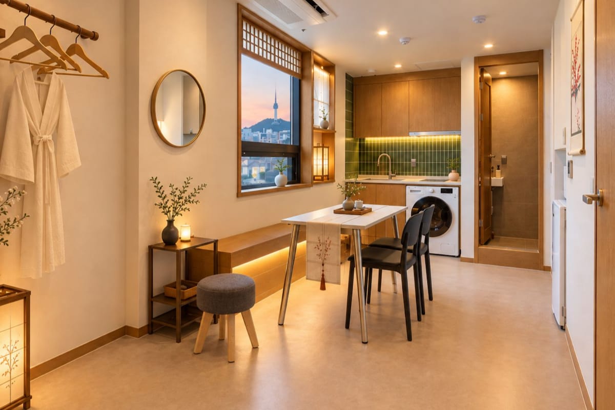 Ett kompakt bostadsutrymme med en matplats, en tvättmaskin och utsikt över en stadssiluett genom ett fönster.
