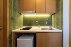 Une cuisine compacte équipée d’un lave-vaisselle intégré, d’un évier et d’une hotte aspirante.