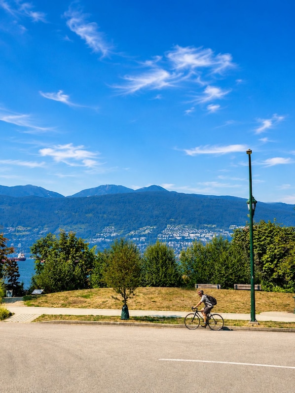 A cyclist on a road with a clear view of a town and mountains in the background.