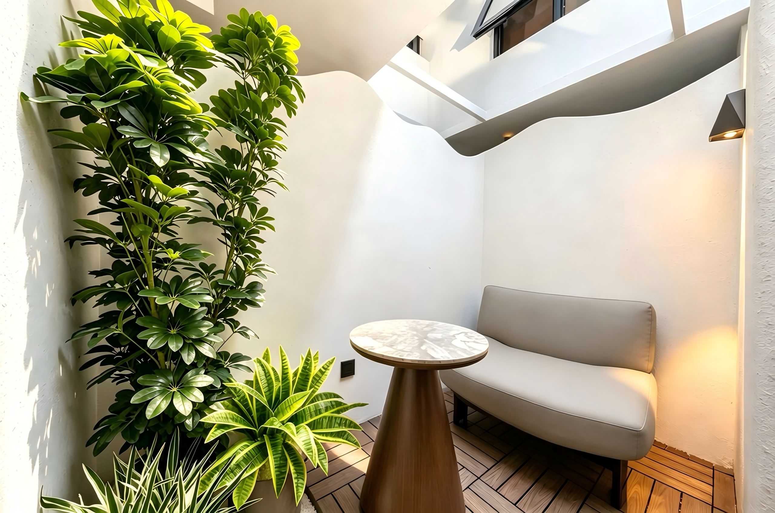 A corner with a white wall, a beige sofa, a round table, and a tall green plant.