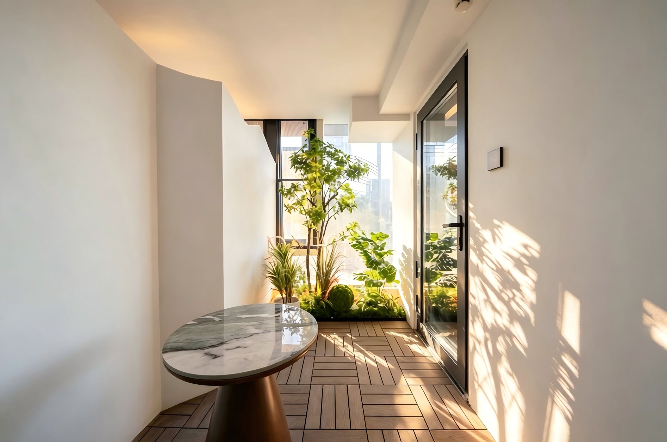 Un interior moderno con una mesa de mármol, suelo con dibujo de espiga y vistas a la vegetación a través de un ventanal.
