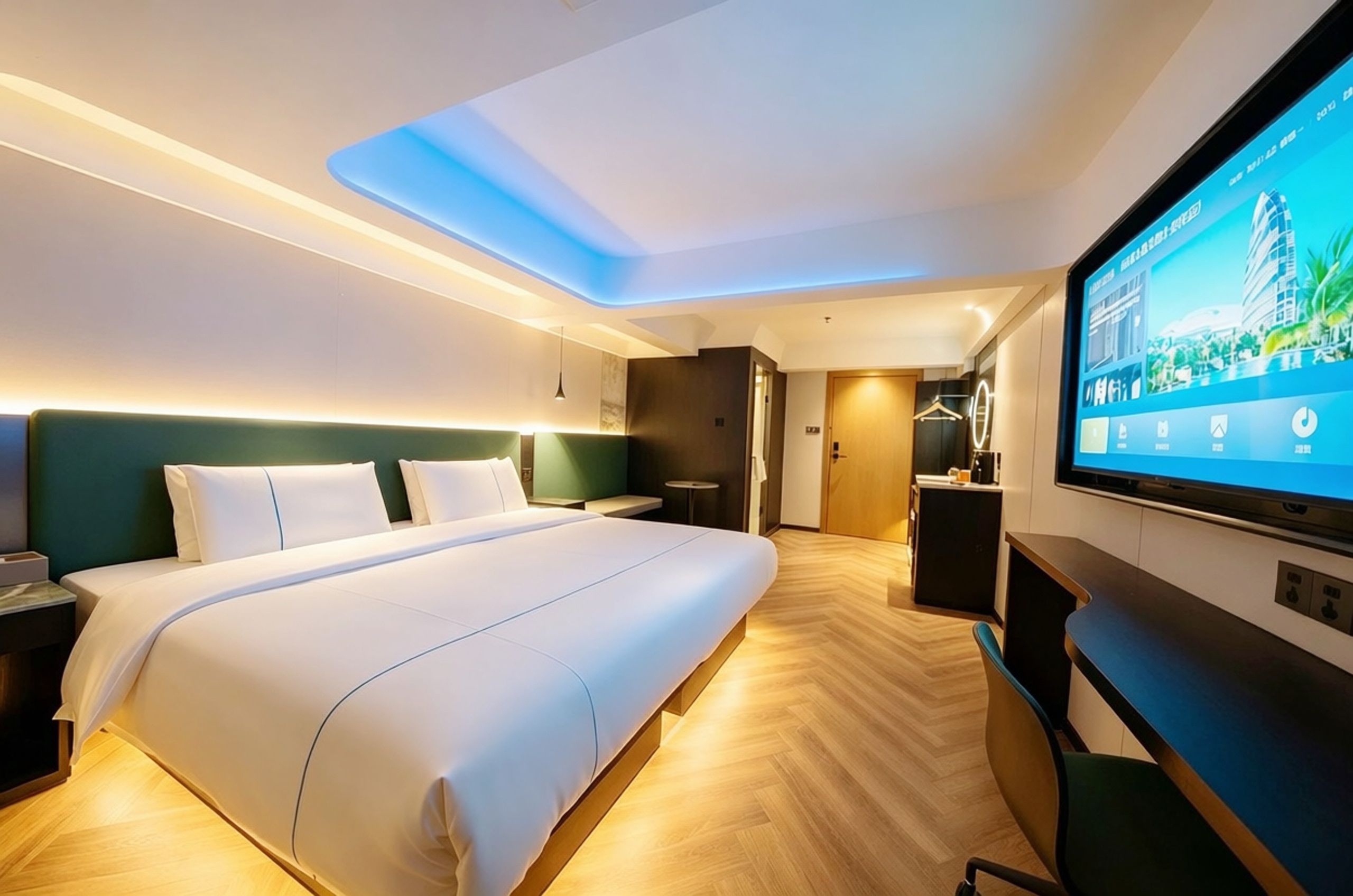 A hotel room with a large bed, a television, and a desk.