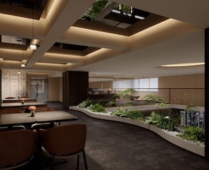 A modern interior with a curved water feature, seating areas, and a high ceiling with recessed lighting. - Dequan P-R International Hotel (Beijing)