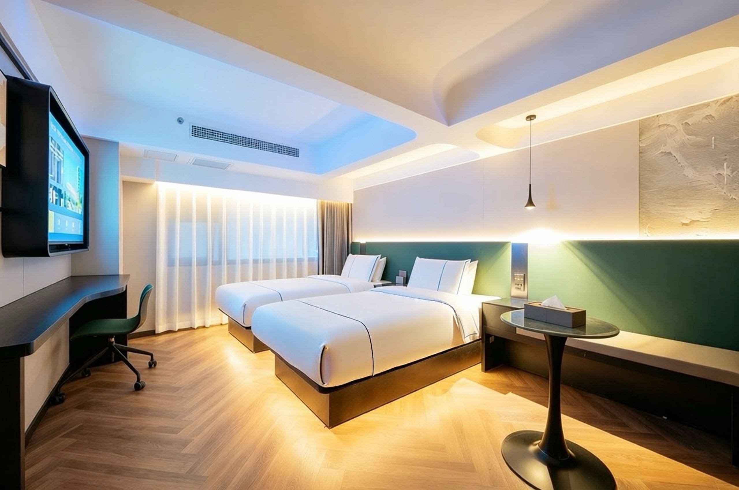 Une chambre d’hôtel équipée d’un lit, d’un bureau, d’une chaise, d’une télévision et d’une table de chevet.