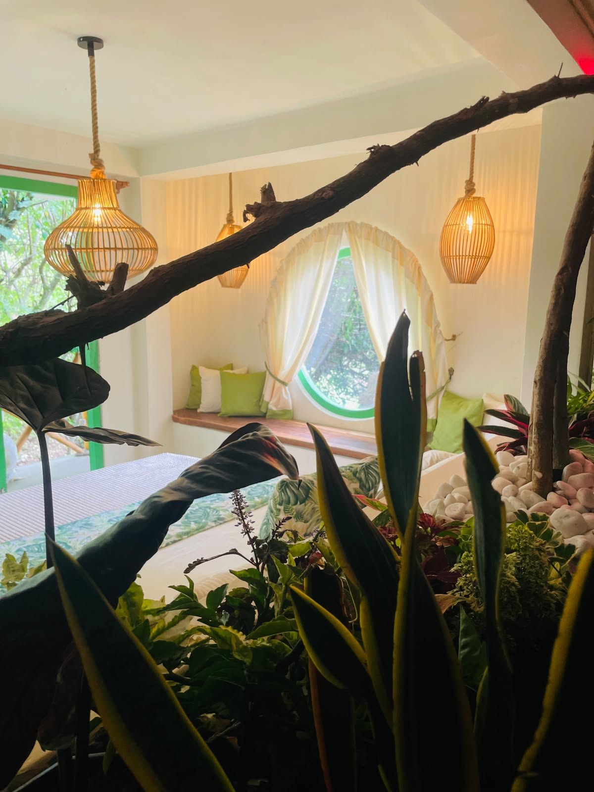 Una habitación con una cama, una ventana con cortinas y luces colgantes.