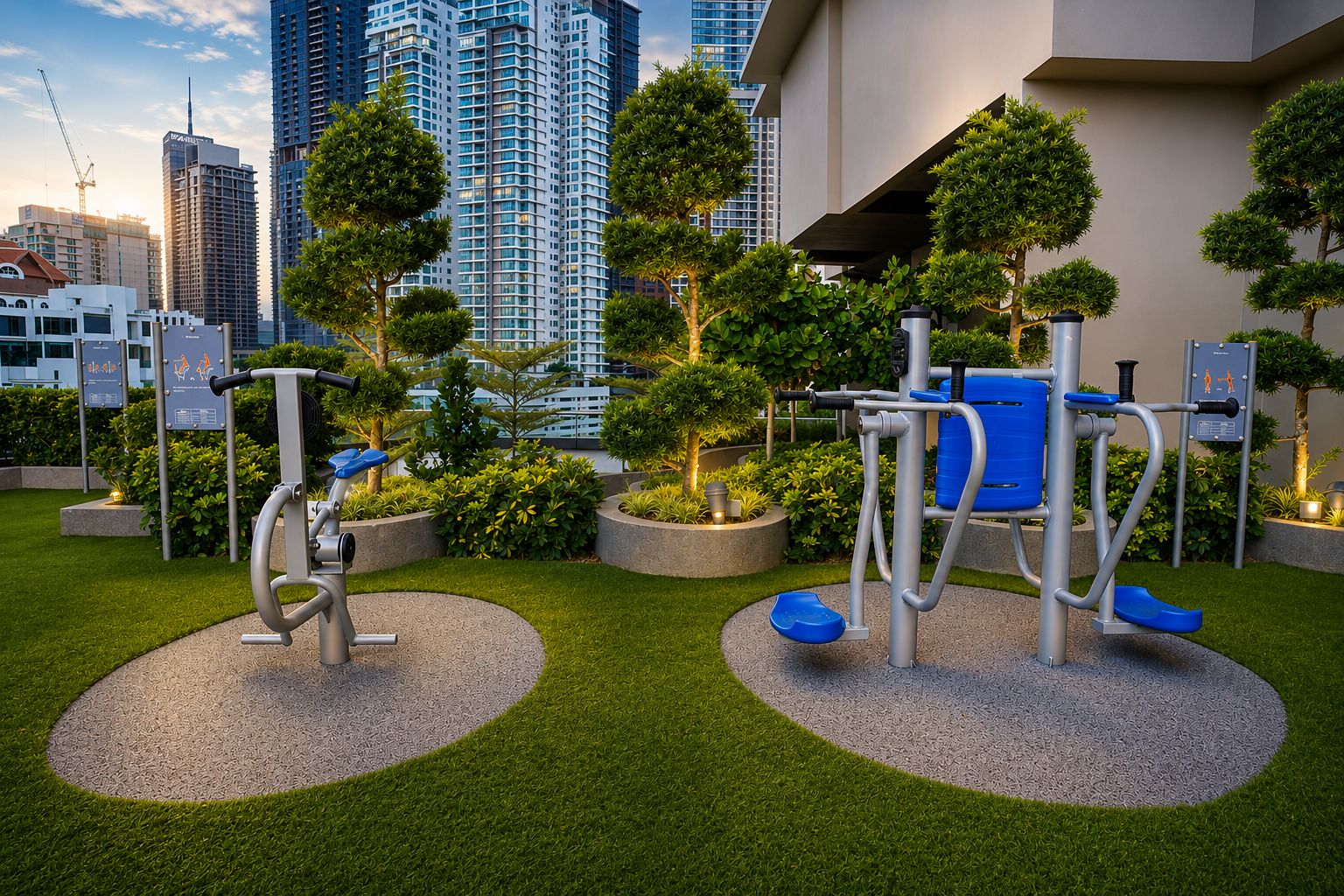 Un área de gimnasio al aire libre con equipo de ejercicio, rodeada de césped cuidado y árboles, con un paisaje urbano de fondo.